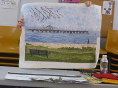 Jan's depiction of the Shorncliffe Pier and beach - a WIP